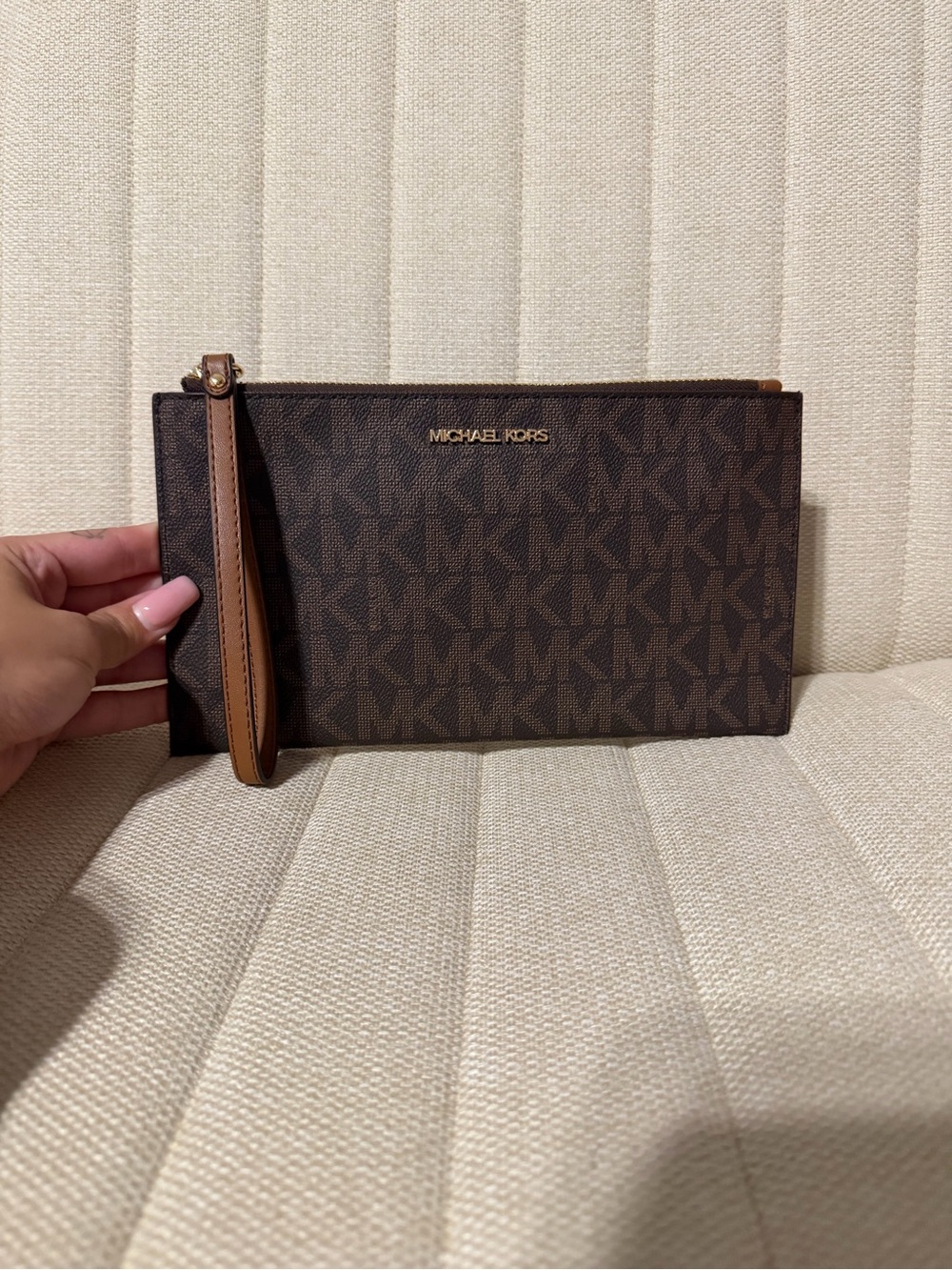 Michael Kors Dark Brown Signature MK Wristlet with Tan Strap
